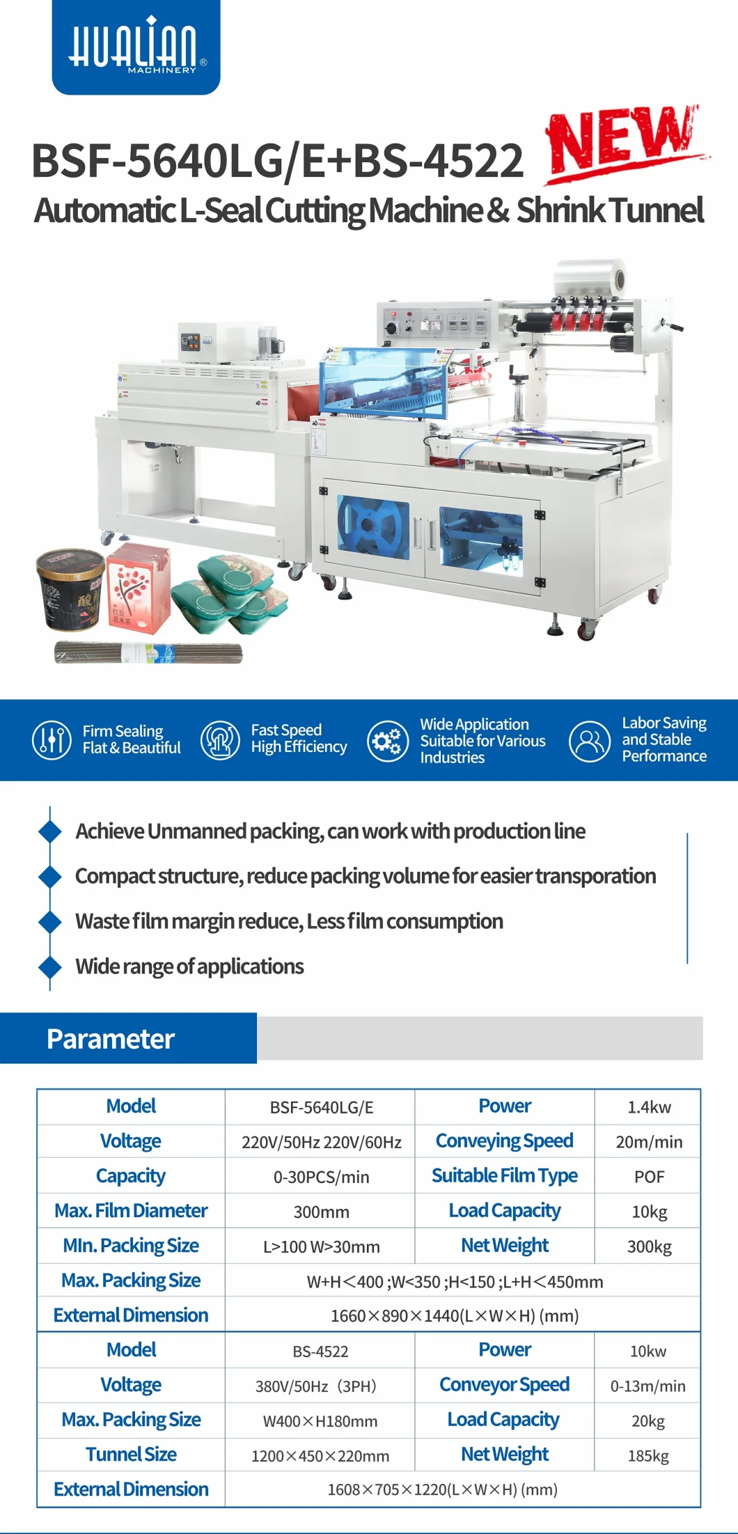 Bsf-5640LG/E+BS-4522 Hualian POF PE Shrink Film Bath Bomb Heat Tunnel Food Shrink Wrap Stretch Film Packaging Machine